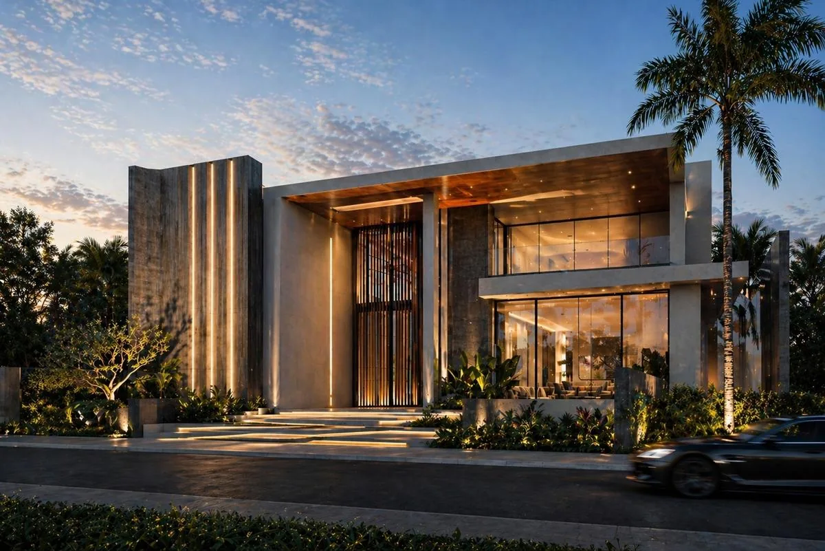 Palm Jumeirah Villa, two-storey villa with timber screens at golden hour, Dubai